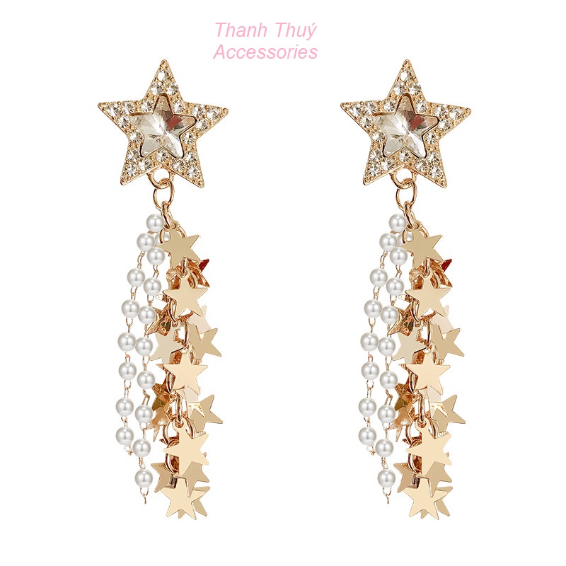 Bông tai nữ ngôi sao tua rua ngọc trai nữ tính dễ thương phong cách Hàn Quốc