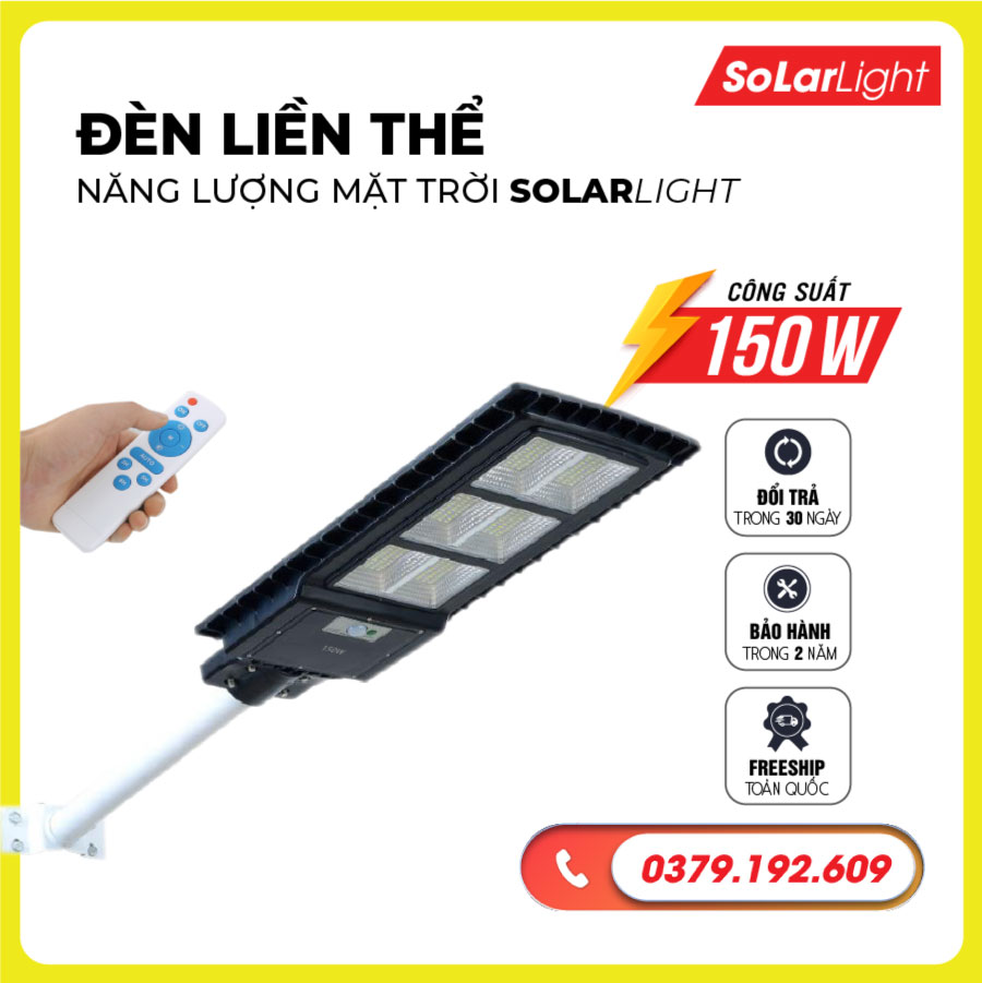 Đèn năng lượng mặt trời liền thể 150W, Đèn chiếu sáng có tấm pin năng lượng mặt trời liền với đèn, Bảo hành 2 năm
