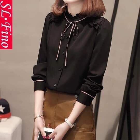 Áo sơ mi nữ kiểu dài tay, cổ áo bèo thắt dây nơ, viền cổ tay siêu xinh