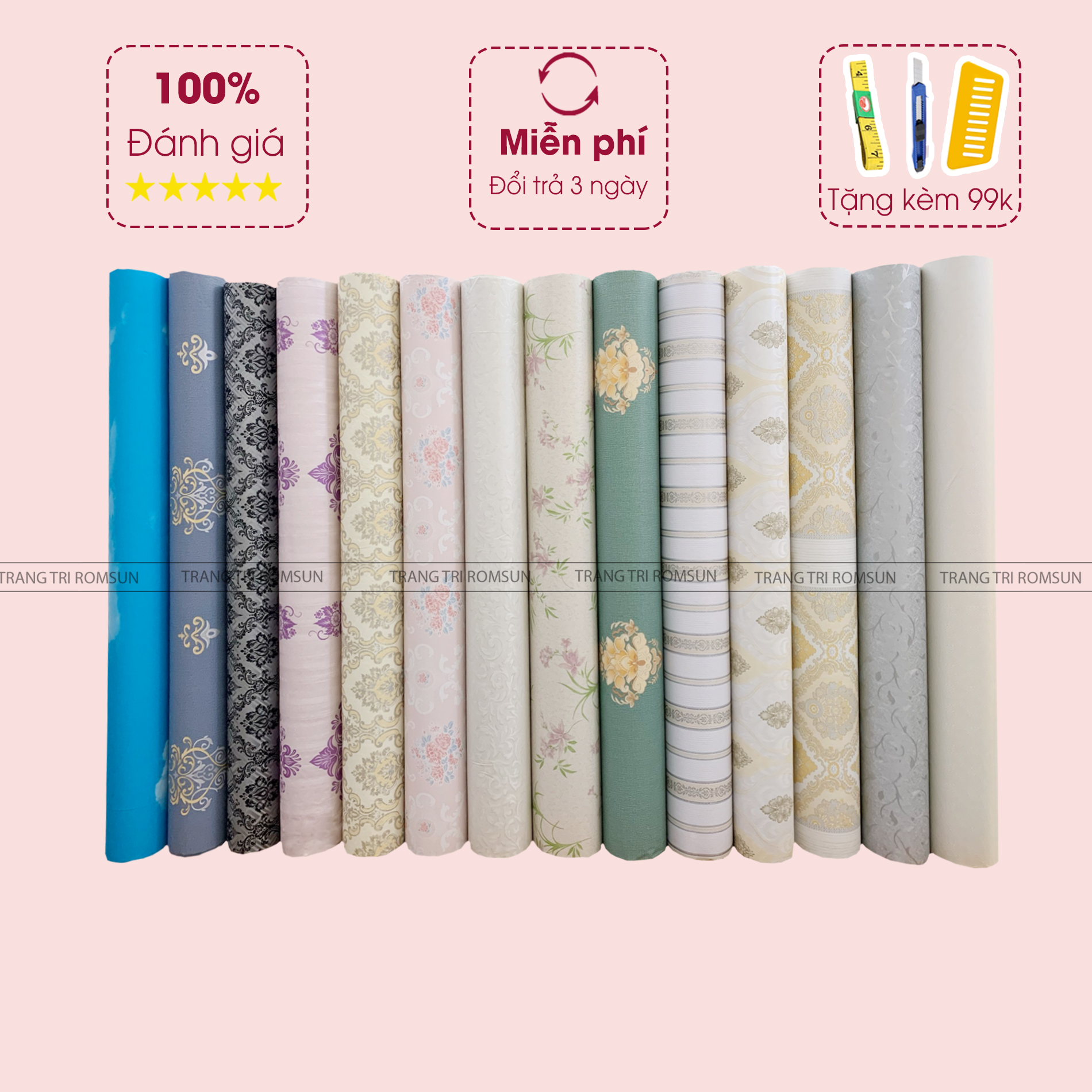 Giấy dán tường họa tiết hoa văn hàn quốc khổ 60cm 1m2 trang trí phòng ngủ họa tiết cổ điển nhiều màu SPCL