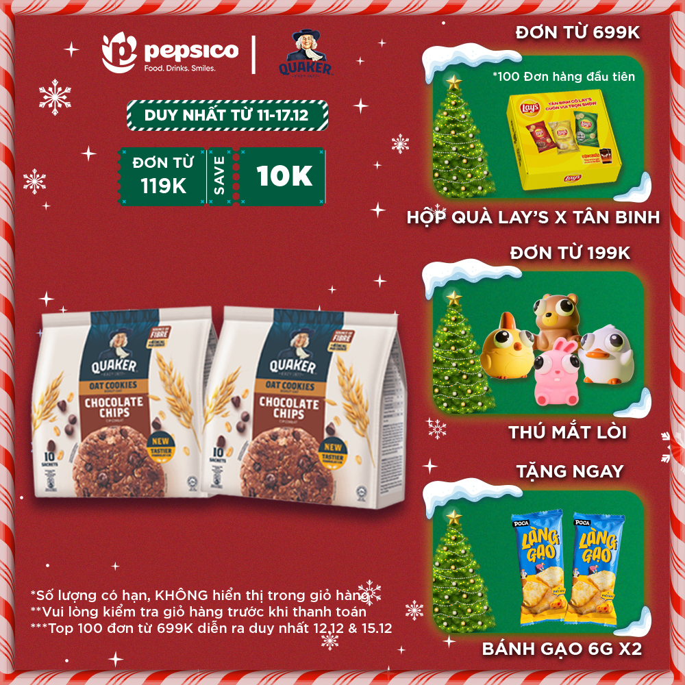  Combo 2 túi Bánh quy Yến Mạch Quaker 250G vị Socola Hạnh Nhân Mật Ong Nho Khô - Giàu dinh dưỡng và rất tốt cho sức khỏe 