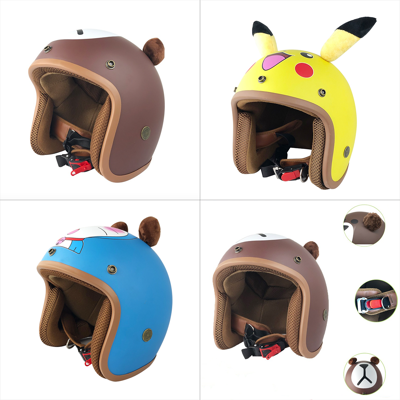 MŨ BẢO HIỂM 3/4 PIKACHU,DORAEMON,GẤU NÂU BROWN,LÓT NÂU CÂO CẤP-ĐẠT CHUẨN CR-SIÊU DỂ THƯƠNG