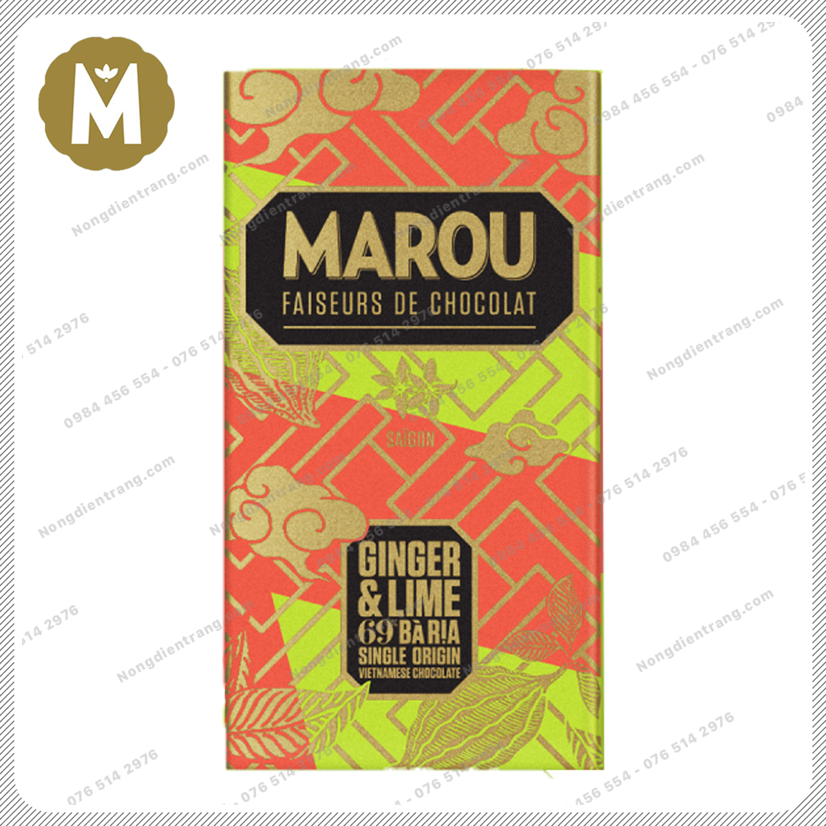 Marou Chocolate Ginger & Lime Ba Ria 69% Socola Đen - Thanh 80g - Socola Marou Chanh Gừng Bà Rịa 78% Cacao Vị thơm ngon độc đáo hấp dẫn