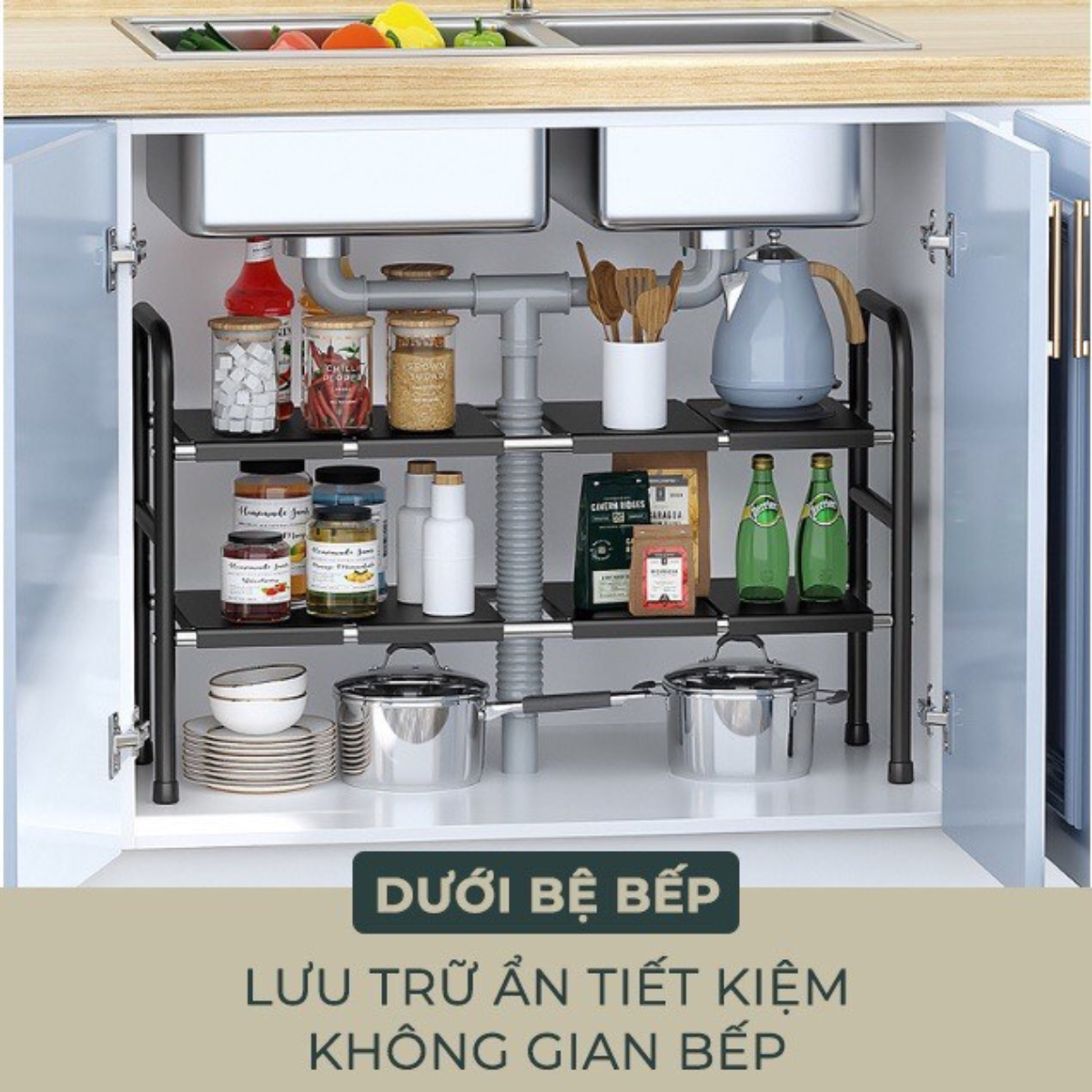 Kệ gầm bếp bồn rửa bếp Kệ Giá để nồi bếp 2 tầng Đa chức năng và gọn gàng kệ bếp đa năng