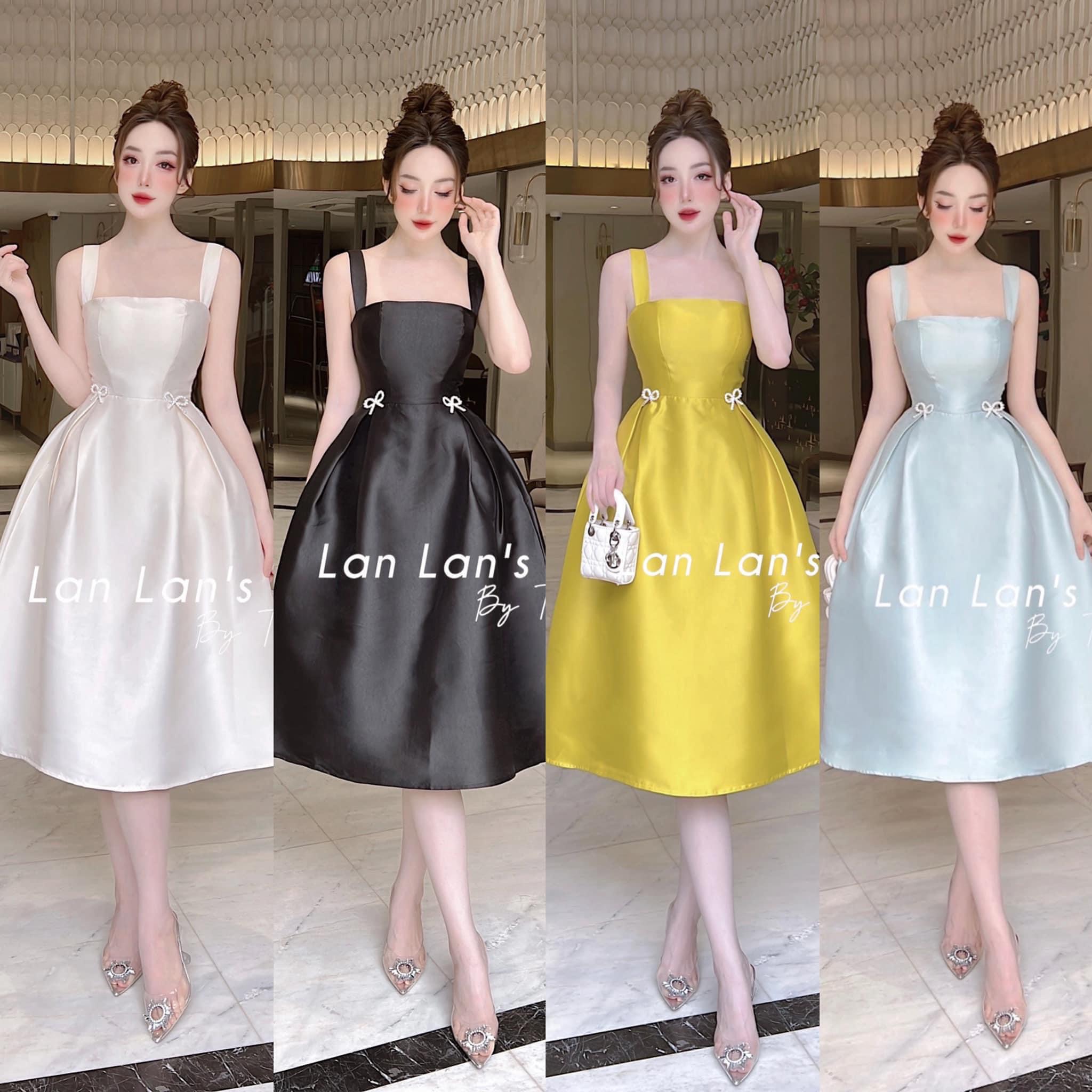 Đầm hai dây vải Tapta ôm eo xòe bồng đầm tiểu thư sang chảnh cup ngực siêu đẹp váy xòe bồng đi tiệc vải tapta tôn dáng váy hai dây đính nơ eo