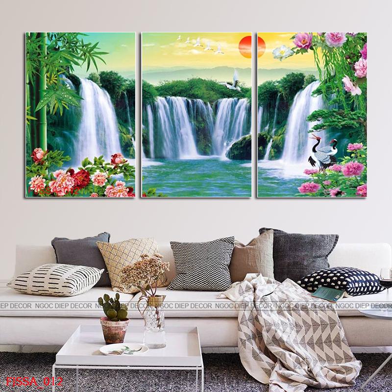 Tranh dán tường Sơn Thủy 3D thác nước phong thủy, tranh phong thủy tài lộc