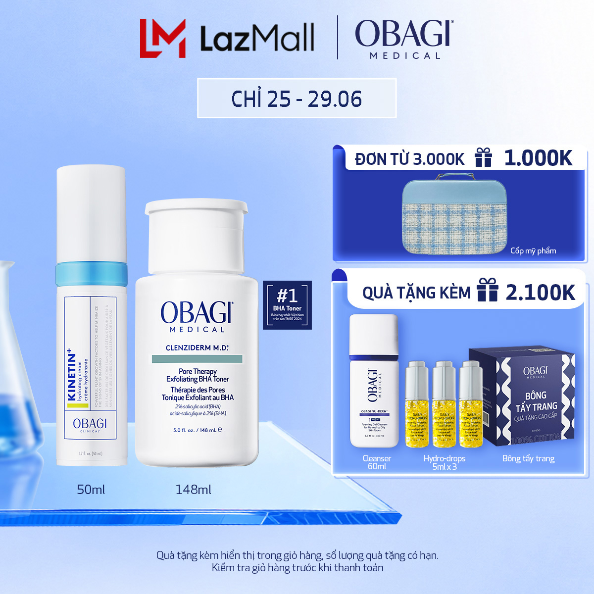 Bộ đôi dưỡng da Toner BHA làm sạch mụn và tẩy tế bào chết Obagi Medical Clenziderm M.D 148ml và Kem Dưỡng Phục Hồi Làm Dịu Da Obagi Clinical Kinetin+ Hydrating 50ml