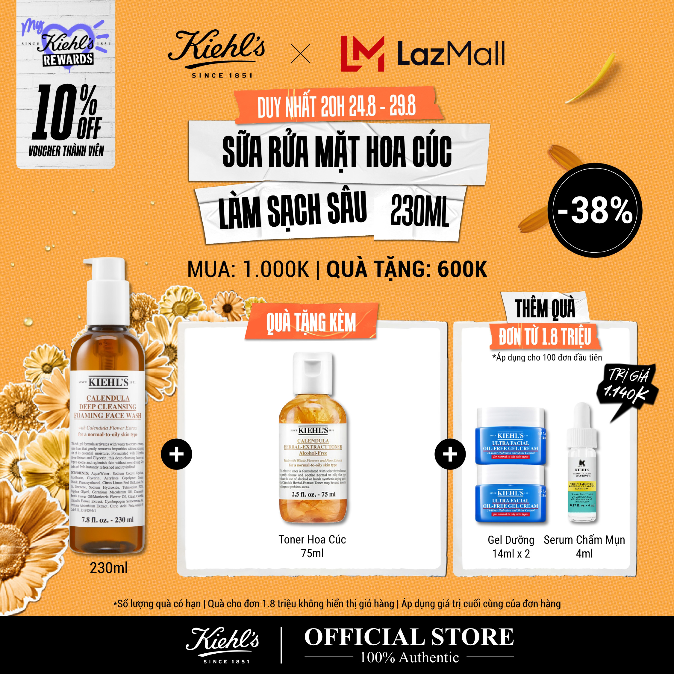 [VOUCHER 10% - TẶNG QUÀ ĐƠN 1.8TR] Sữa rửa mặt hoa cúc Kiehl's Calendula Deep Cleansing Foaming Face Wash 230ml