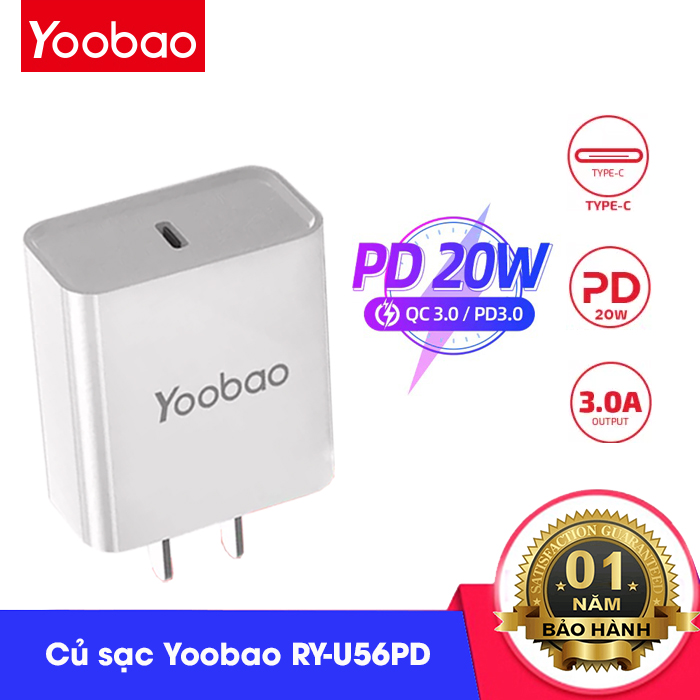 Củ sạc nhanh yoobao ry-u56pd, công suất 20w, giao diện cổng pd, sạc nhanh cho iphone 12 series