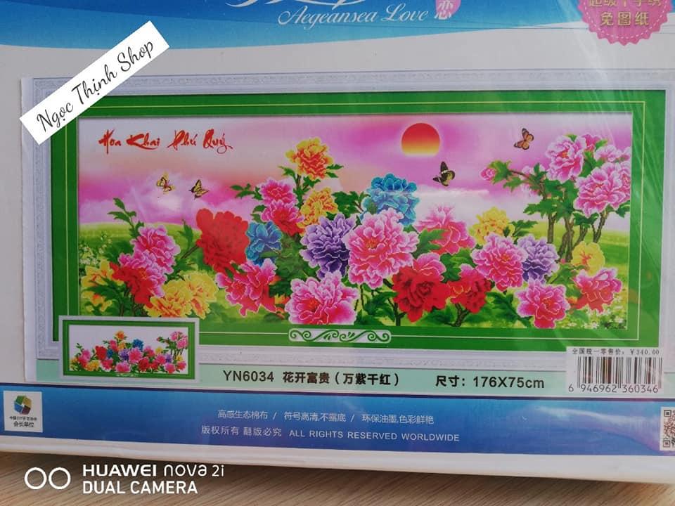 Tranh thêu chữ thập hoa khai phú quý YN6034 KT 176X75cm