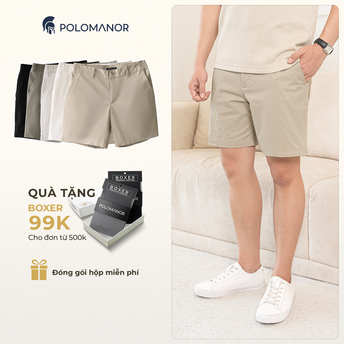 Quần short nam ngắn POLOMANOR vải kaki xuất xịn lưng đai thun co giãn 2 chiều chuẩn form