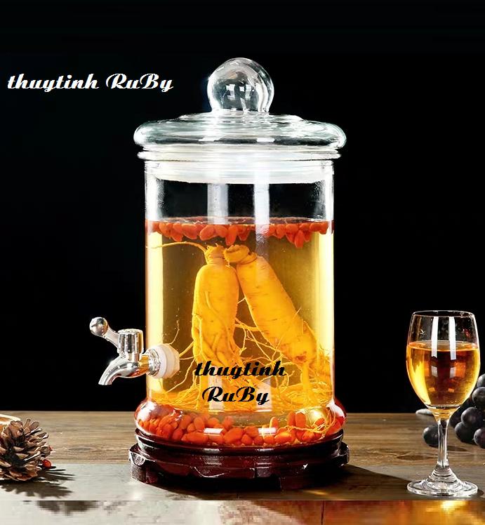 Bình Thủy Tinh Trụ TRƠN Ngâm Rượu 6 Lít (Có Vòi, Không Đế), Bình Thủy Tinh Ngâm Rượu Hình trụ tròn, Hũ Ngâm Ruou, Bình Ngâm Trái Cây, Binh Sam, Hu Lo Ngam Nhan Sam