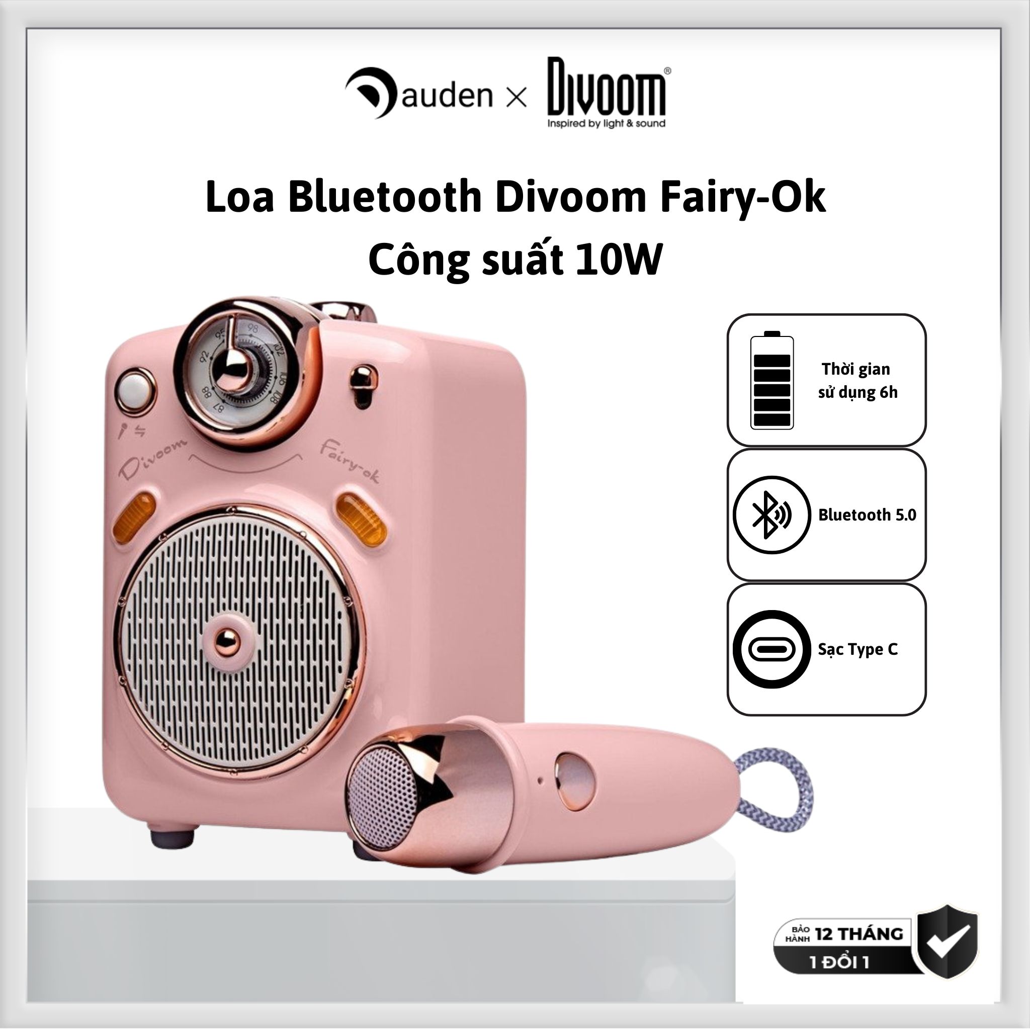 Loa Bluetooth Divoom Fairy-Ok công suất 10W kết hợp micro karaoke đa năng - Hàng chính hãng