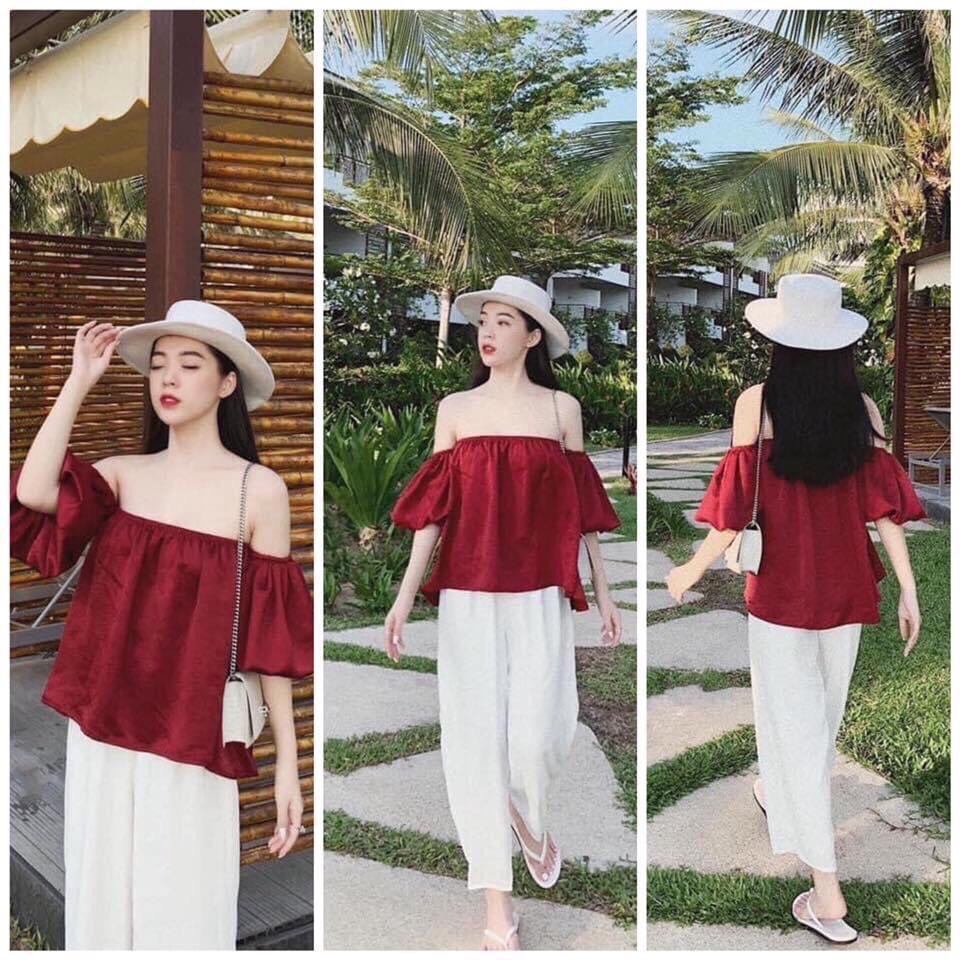 Set bộ nữ áo bẹt vai tay lỡ kèm quần dài ống suông