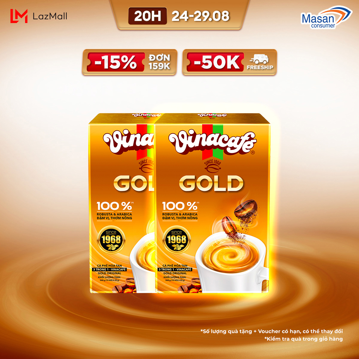 Cà phê vinacafé 3in1 gold original - combo 2 hộp 18 gói x 20gr
