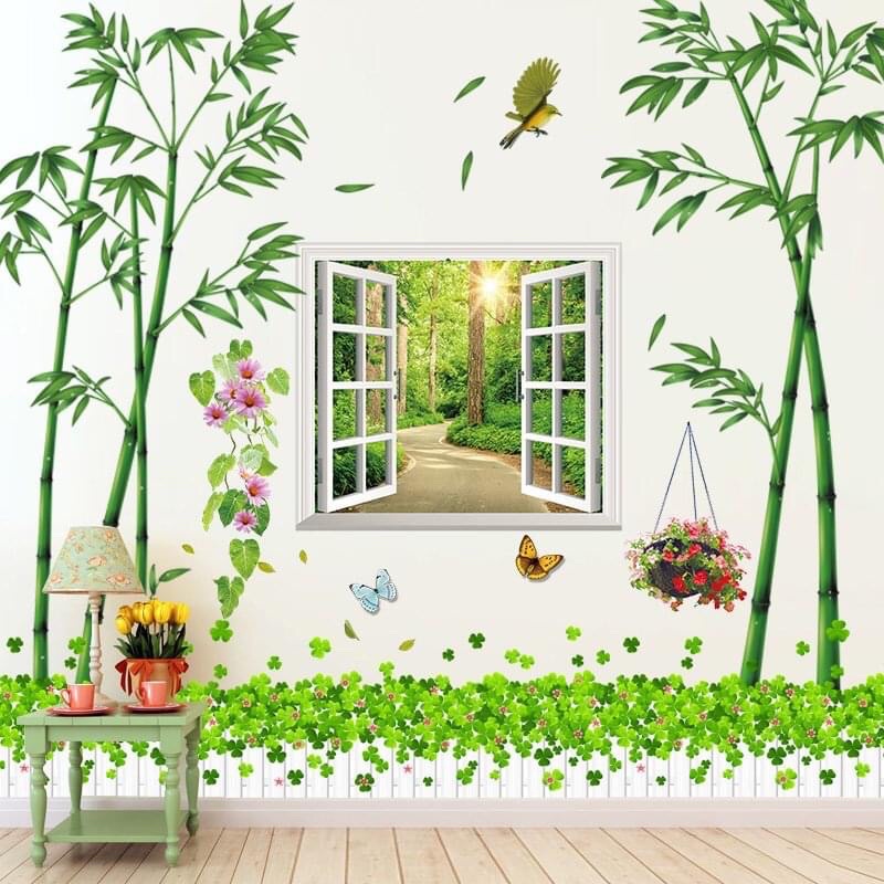 Decal dán tường trang trí phòng khách trúc cửa sổ chân cỏ