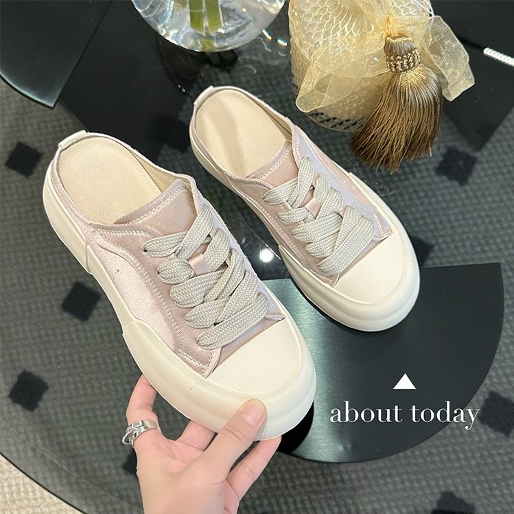 Women's Thick-Soled Satin Toe Cap Semi Slipper 2023 New Silk and Satin Shoes Bread Flat Slippers Outdoor Lazy Casual Sneakers
