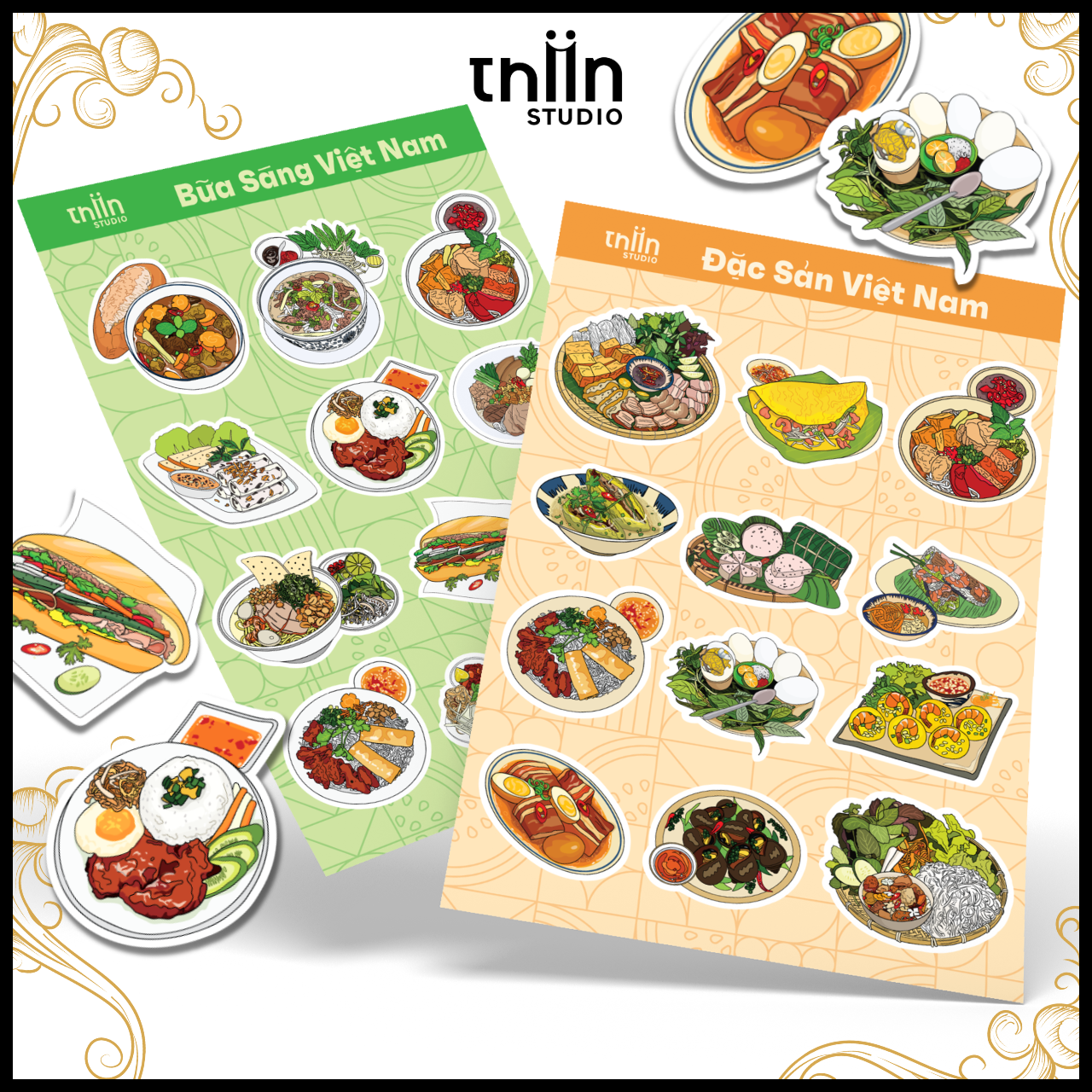 Sticker Đồ Ăn Việt Nam THIIN STUDIO, hình dán chống nước, sticker cute món ăn bữa sáng