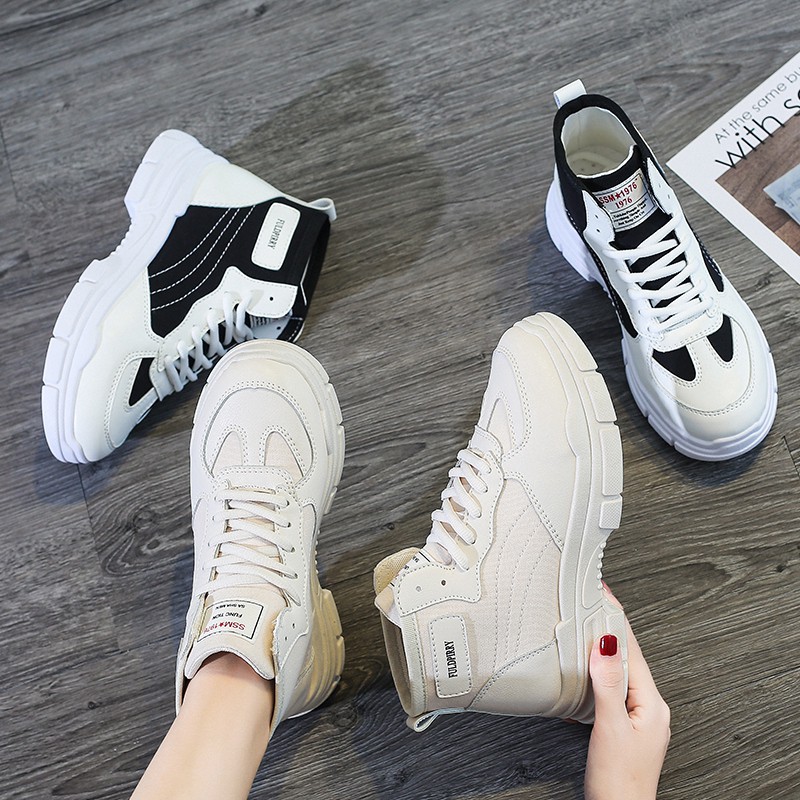Bốt nữ, boots nữ cổ lửng 2 màu kem + đen, boots nữ cá tính siêu hot 2021