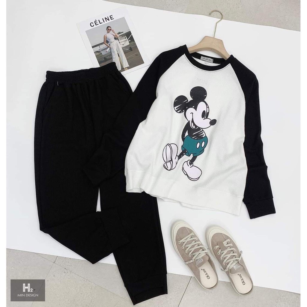 Bộ thu đông nữ phối đen trắng hình micky đáng yêu