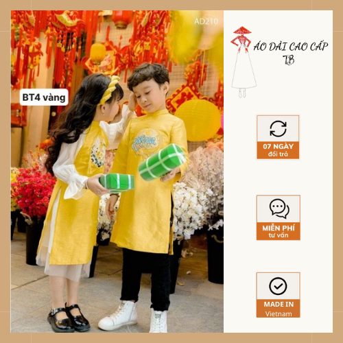 Áo Dài Tafta Trẻ Em [Freeship] Áo Dài Cách Tân Màu Đỏ, Vàng Thêu Hoa Văn Trước Ngực Tinh Tế AD28
