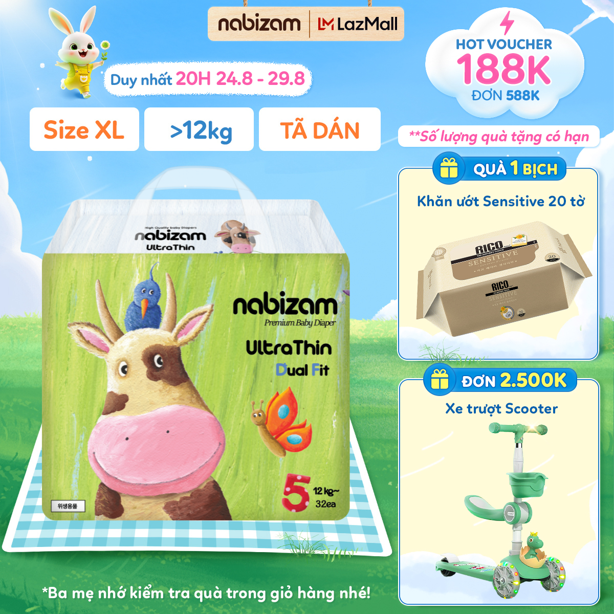 Tã bỉm dán nabizam nội địa hàn, thoáng khí, vách cao chống tràn, mỏng nhẹ dòng ultra thin size xl cho bé trên 12kg, 32 miếng