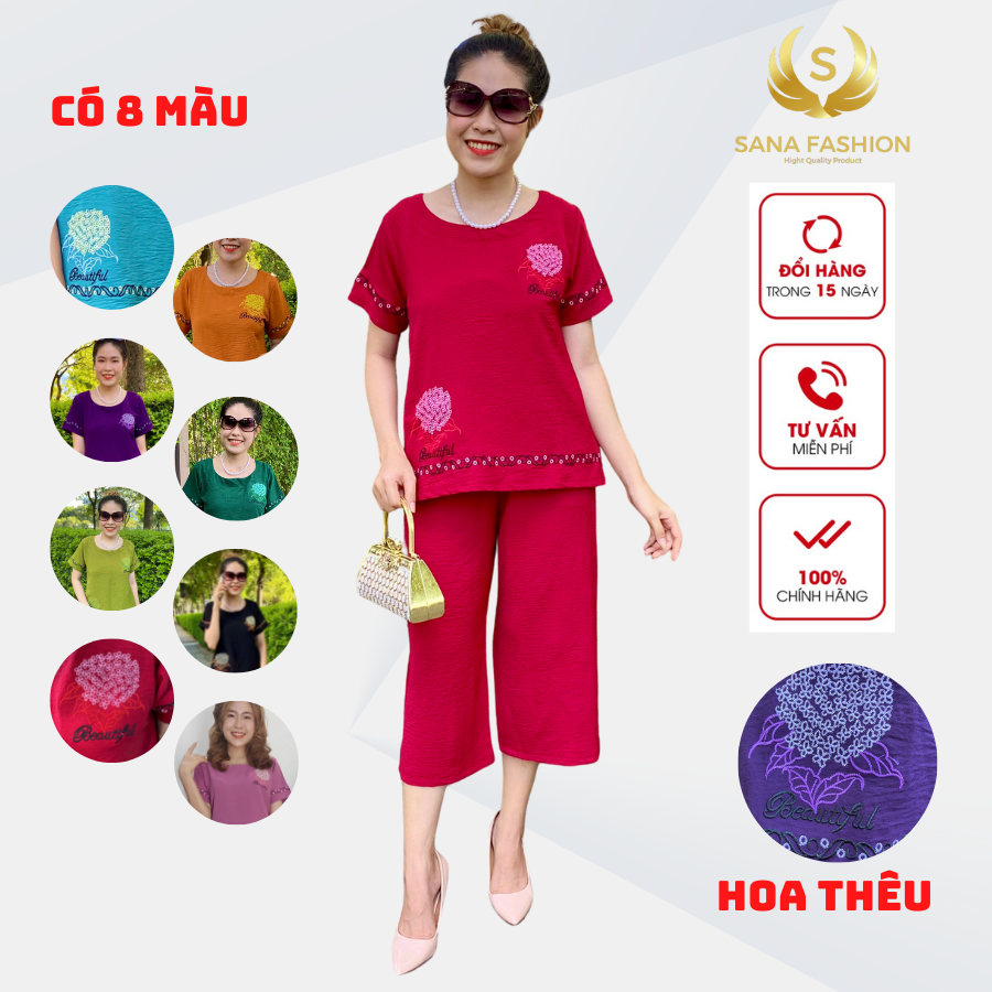 Đồ bộ nữ trung niên đồ bộ cho mẹ mặc nhà ống rộng thêu cẩm tú cầu vải đũi mịn mát CTC01