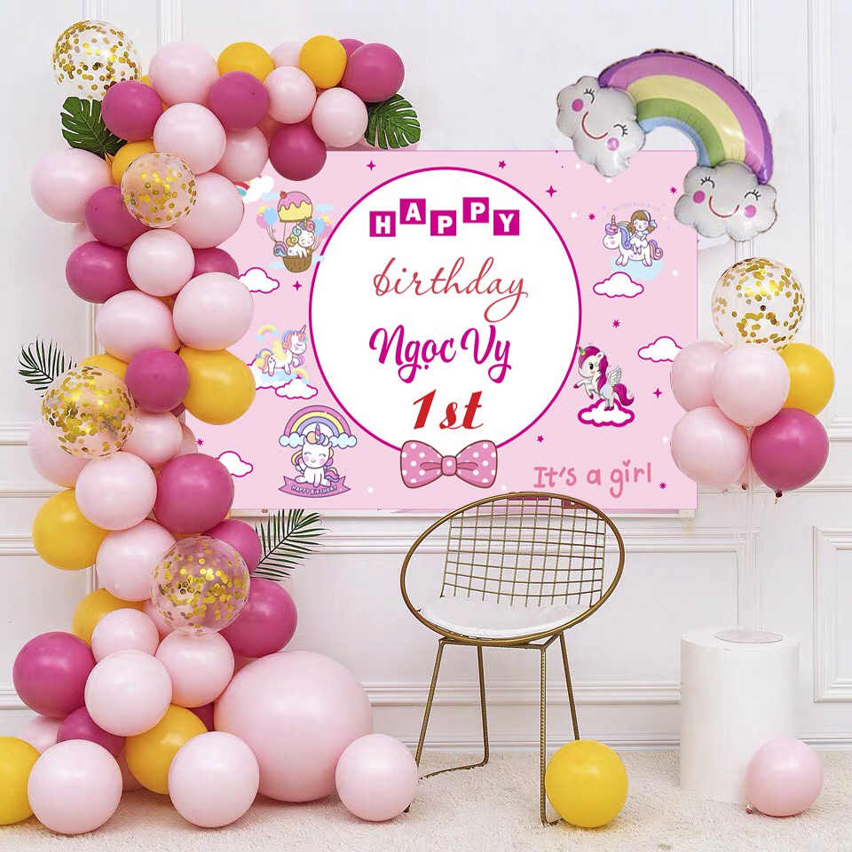 Set Bóng Trang Trí Sinh Nhật Kèm Phông Bạt Và In Tên Tuổi Bé Tone Màu Hồng