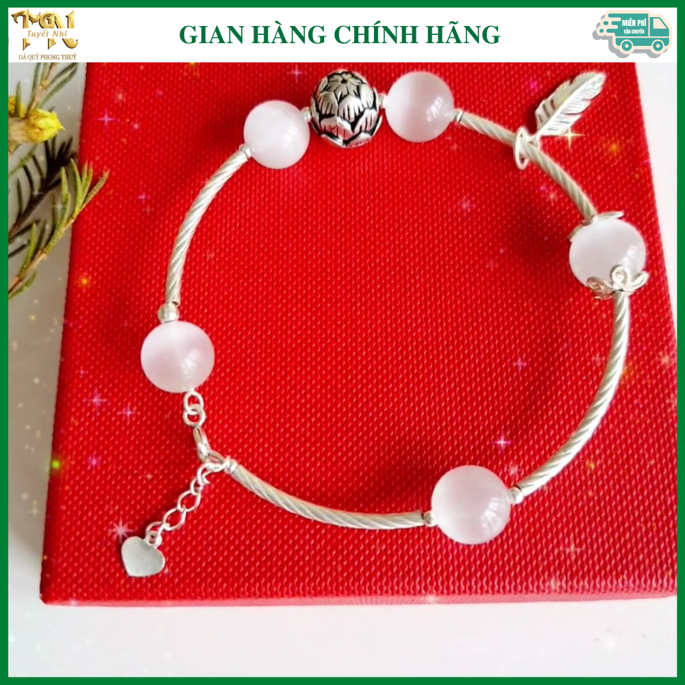 Vòng tay đá phong thủy opal trắng mix charm bạc, hợp mạng Kim, Thủy