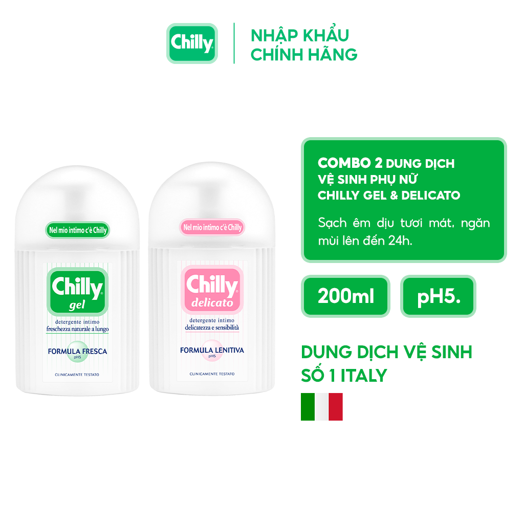 Combo 2 chai dung dịch vệ sinh phụ nữ chilly gel & chilly delicato tươi mát, mềm mại ngăn mùi hôi