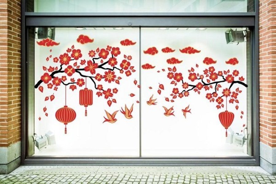 Combo decal trang trí cửa kính đôi, giấy dán tường đôi mai hoa đào đỏ, trang trí ngày Tết màu đỏ may mắn, Decal trang trí Tết Nhâm Dần 2022 có sẵn keo dễ dàng dán đẹp