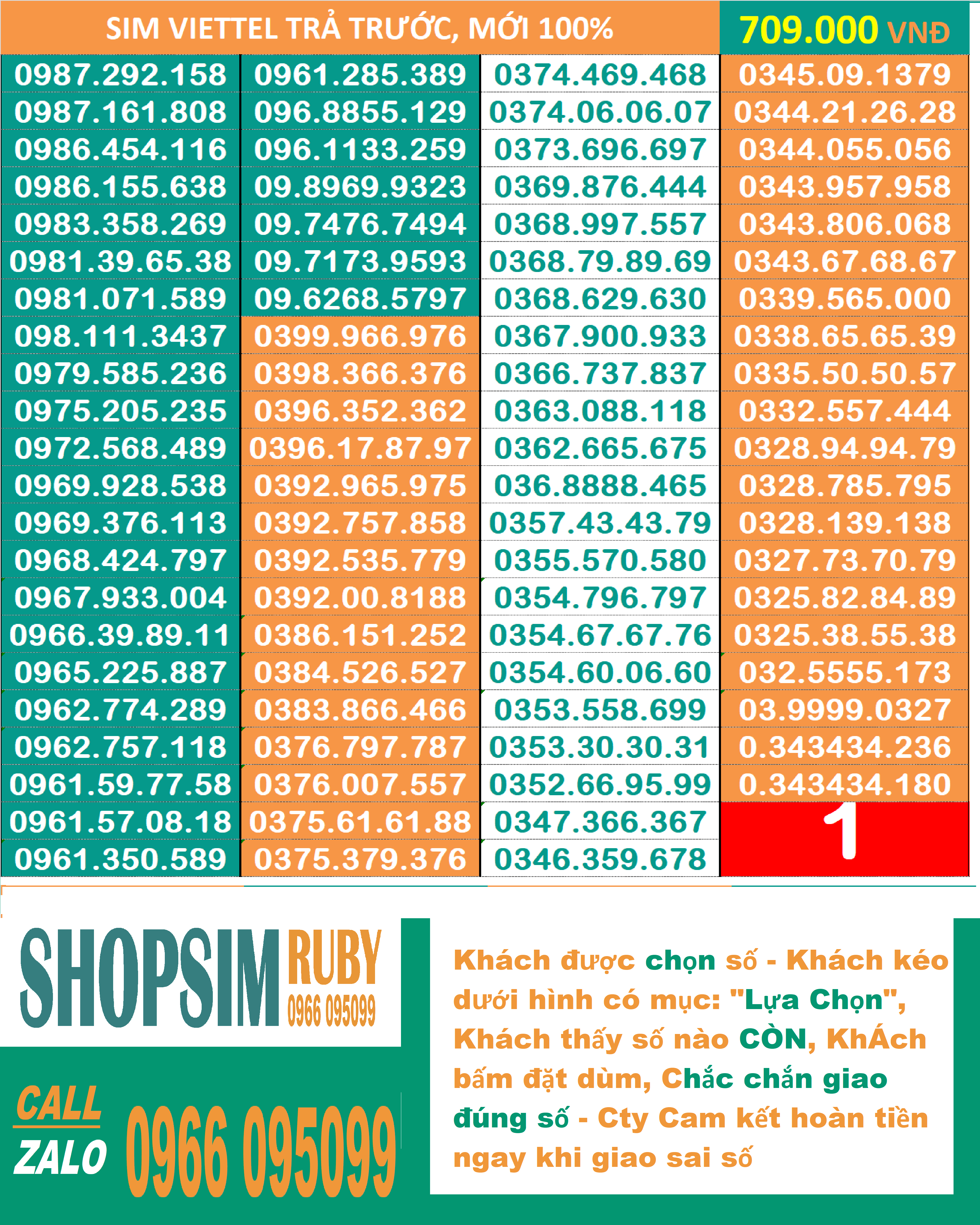 Sim đẹp Viettel đầu 09, Trả trước, Sim Nghe Gọi, 4g, Nhắn tin, Chưa Kích hoạt, Sim mới 100%, Chưa đăng ký tên ai, Mặc định gói cước Tomato và có kèm hơn 100 gói cước hấp dẫn từ nhà mạng Viettel. - Shopsim Ruby