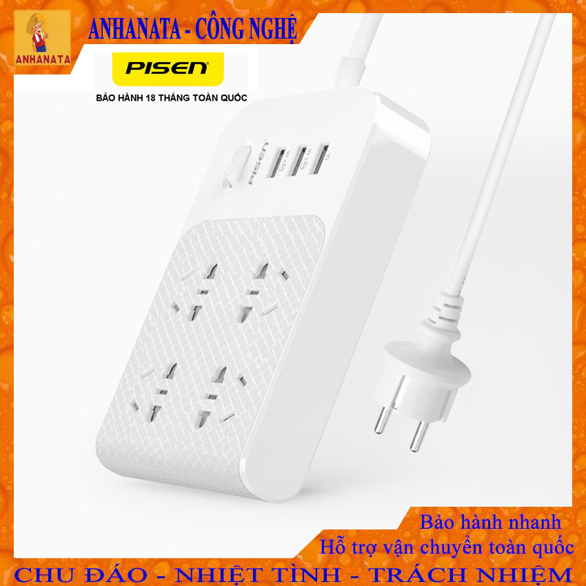 Ổ Cắm Pisen BH-43, 3 Ổ USB, 4 Ổ AC , Ổ Cắm Đa Năng Vuông, Dán Được Trên Nhiều Bề Mặt, Chống Cháy, Có Nắp Che An Toàn Cho Gia Đình Và Trẻ Nhỏ