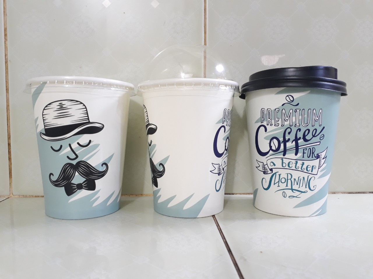 Ly giấy 360ml - 14oz mẫu Mr Blue, Set 100 cái kèm nắp
