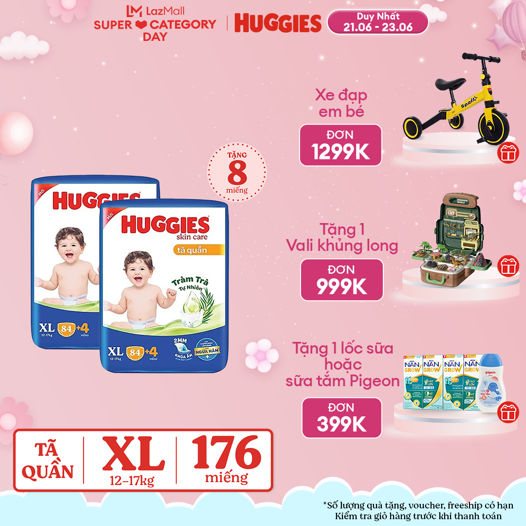 [CHỈ 21.6-24.6 GIẢM THÊM ĐẾN 130K] Combo 2 Gói Tã/bỉm quần HUGGIES SKINCARE MEGA JUMBO size XL84+4 miếng