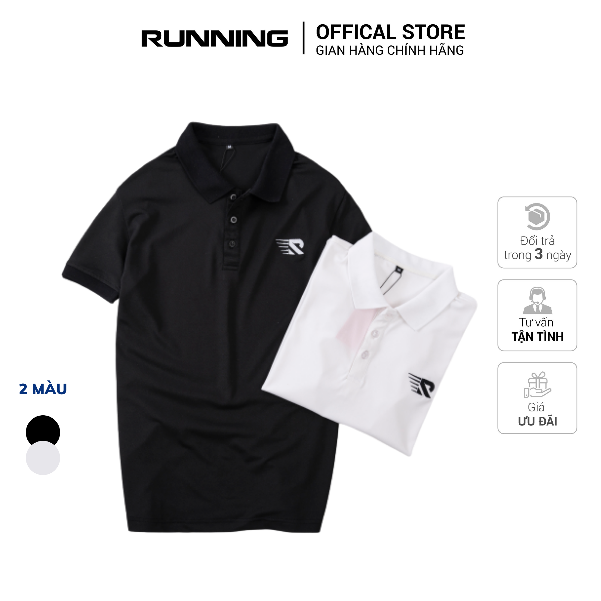 Áo thun polo nam Running cotton cá sấu chuẩn form cổ bẻ tay ngắn 2 màu trắng đen bazic
