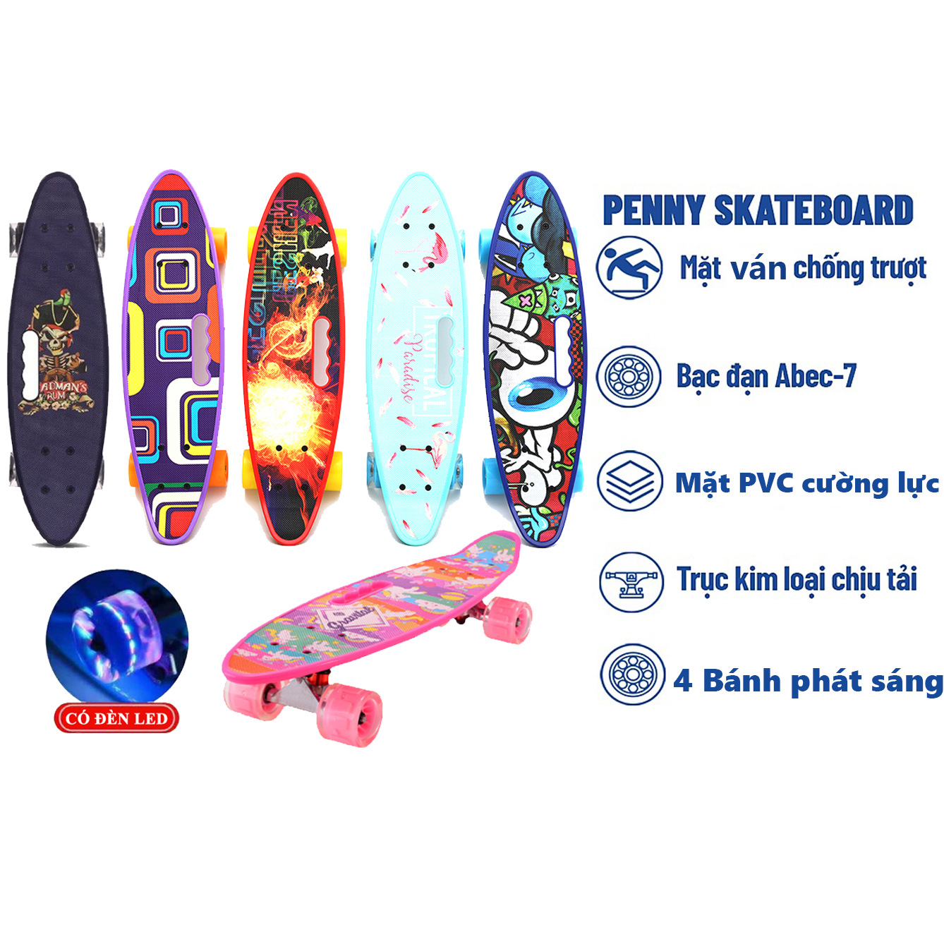 Ván trượt trẻ em penny skateboard có tay cầm , bánh phát sáng