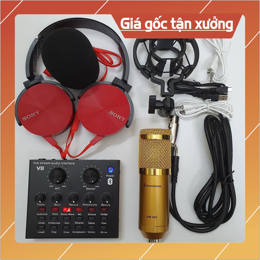 COMBO THU ÂM LIVESTREAM MÍC BM900 WOAICHANG SOUND CARD V8 Bluetooth
