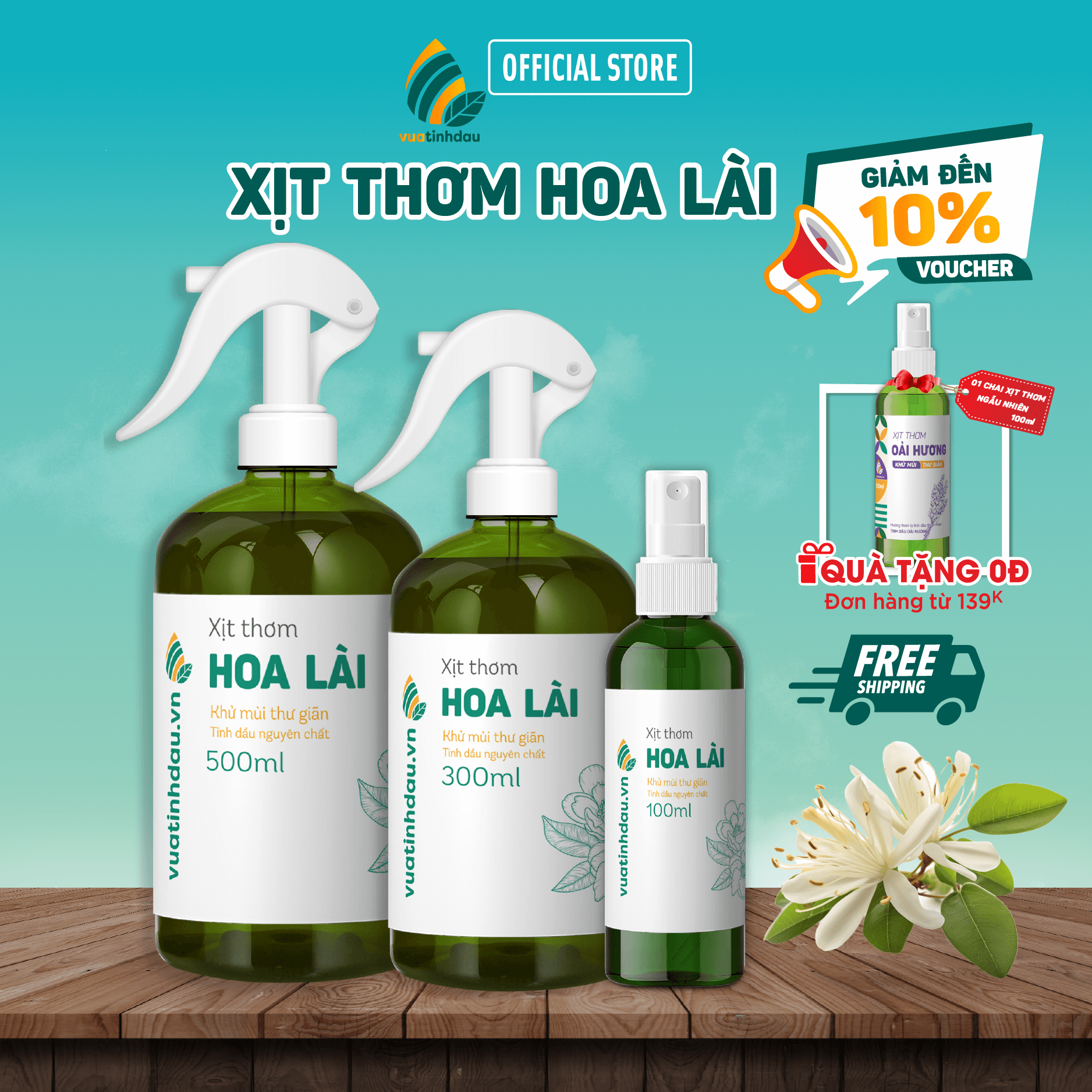 Bình xịt tinh dầu hoa lài nhài vuatinhdau 100ml/300ml/500ml thơm xe, phòng ngủ, khách sạn
