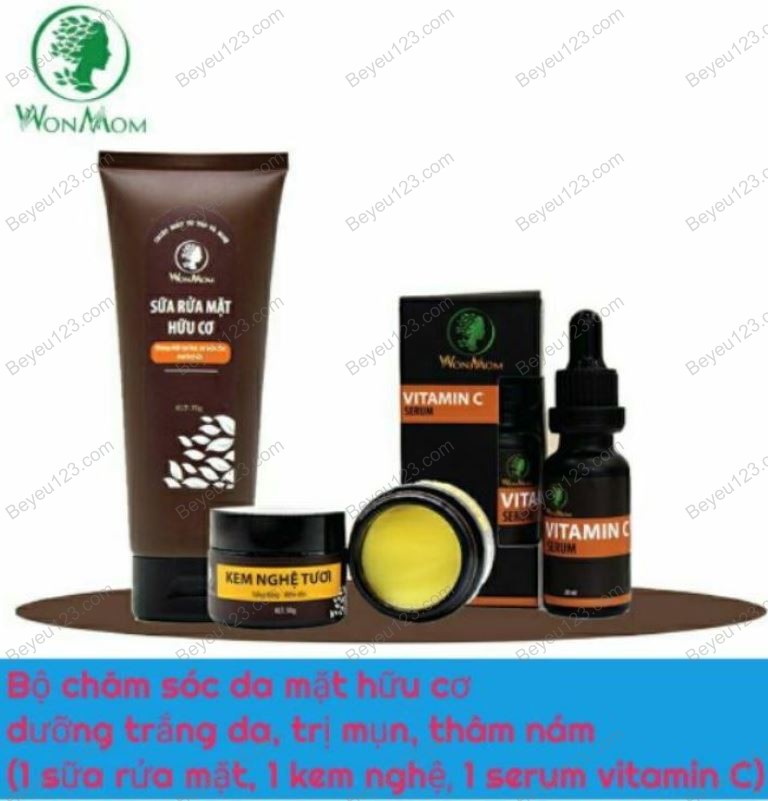 Bộ chăm sóc da mặt hữu cơ Wonmom - Dưỡng trắng, mụn, thâm nám (Sữa rửa mặt, Kem nghệ, Serum vitamin C)