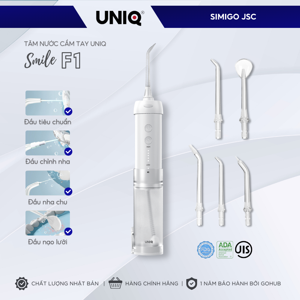 Tăm nước cầm tay UNIQ x CRENOT Smile F1 máy vệ sinh răng miệng mini xịt rửa làm sạch kẽ răng niềng cạo lưỡi Waterpik