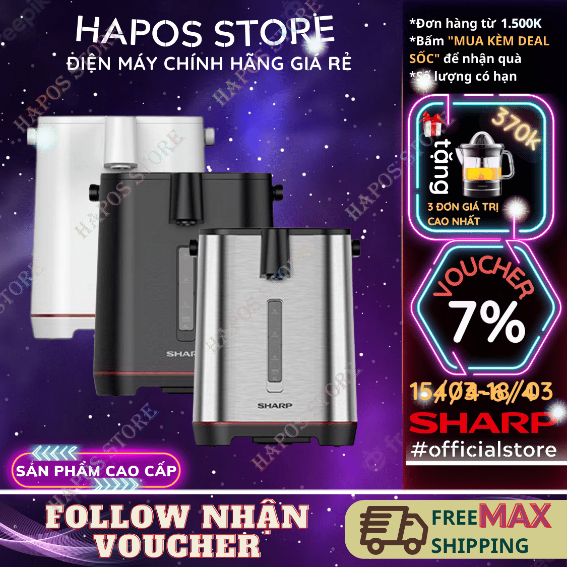 Bình thủy điện Sharp 4 lít KP-40EBV - Hàng chính hãng - Thiết kế tinh tế, sang trọng, chế độ rót nước chậm chống bỏng - HAPOS