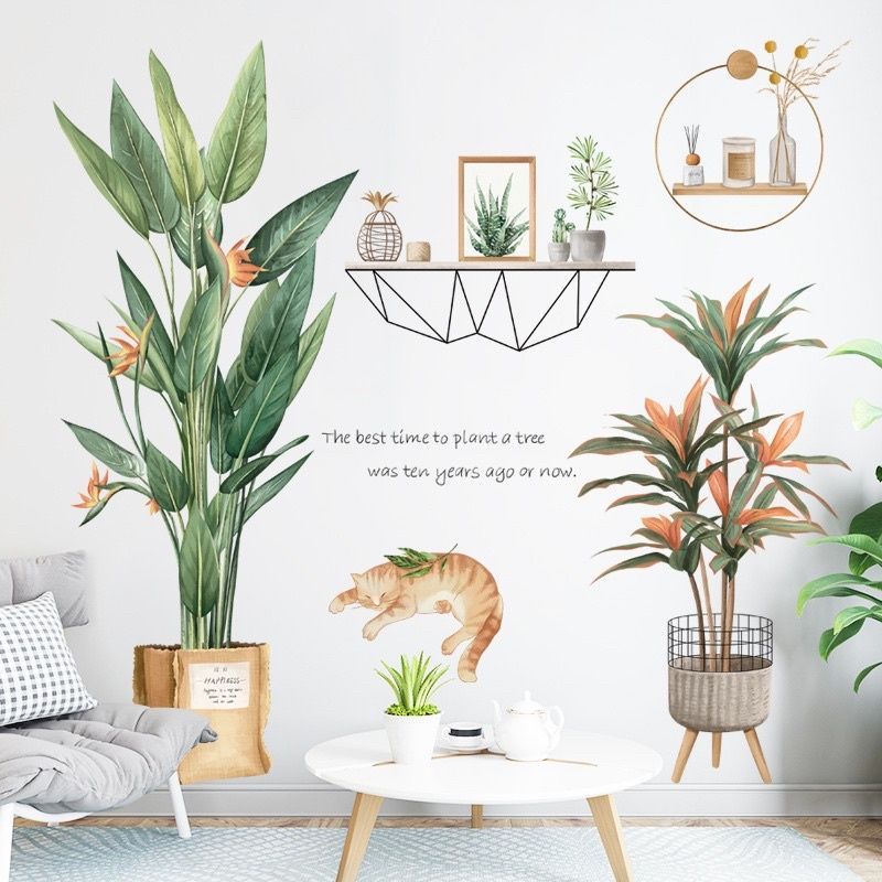 Decal dán tường chậu cây và chú mèo đáng yêu
