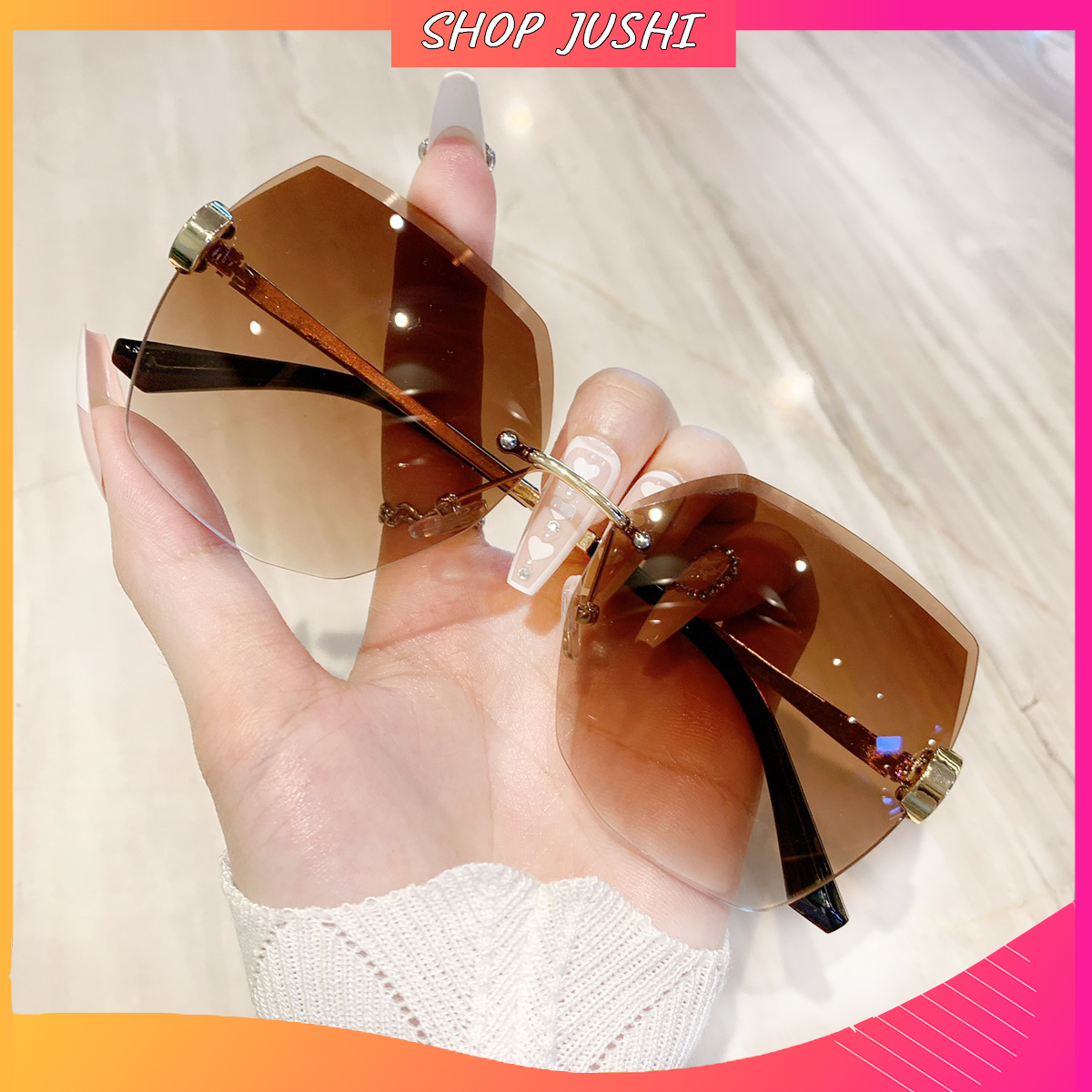 Kính râm thời trang nữ đẹp 2024, mắt kính hàn quốc không gọng càng kim loại màu nâu, tím phối, tro đen