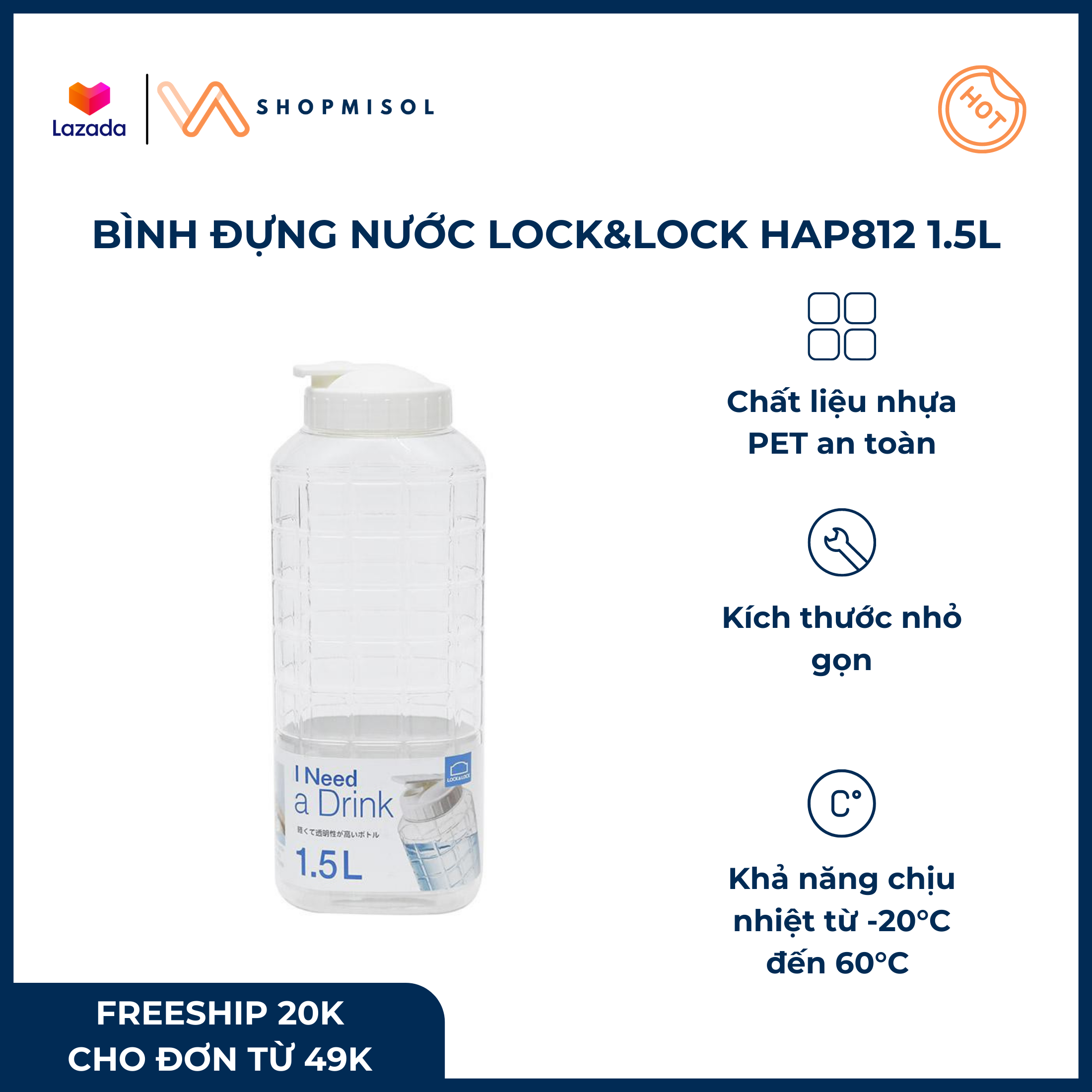 Bình đựng nước bình nước bình đựng nước nhựa Lock&Lock Chess Water Bottle HAP812 - Dung tích 1.5L kích thước 622 cm nắp màu trắng chất liệu nhựa PET có thể chịu nhiệt từ -20°C đến 60°C