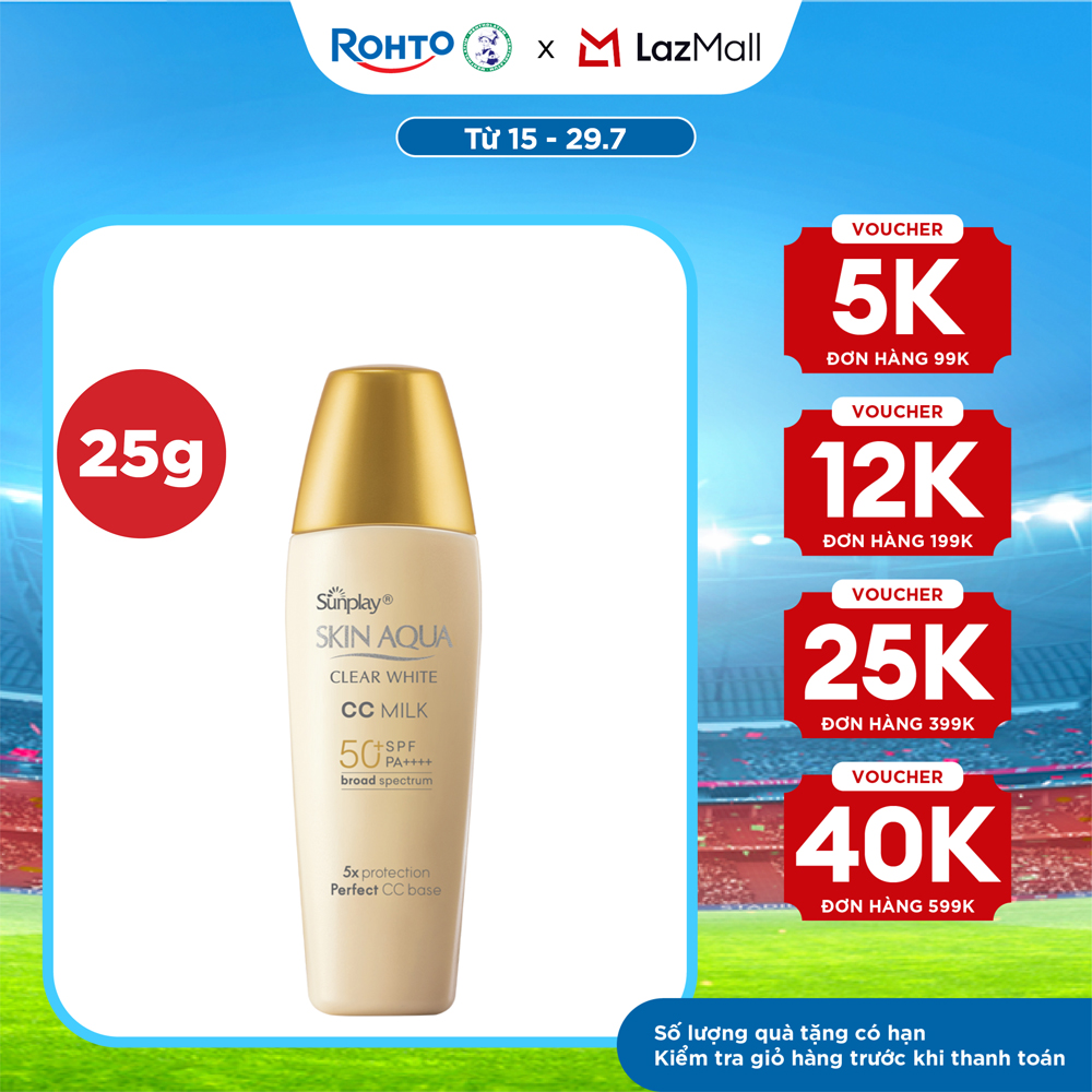 Kem chống nắng Skin Aqua trang điểm tạo nền trắng mịn  đều màu dạng sữa Sunplay Skin Clear White CC Milk SPF 50, PA++++ 25g