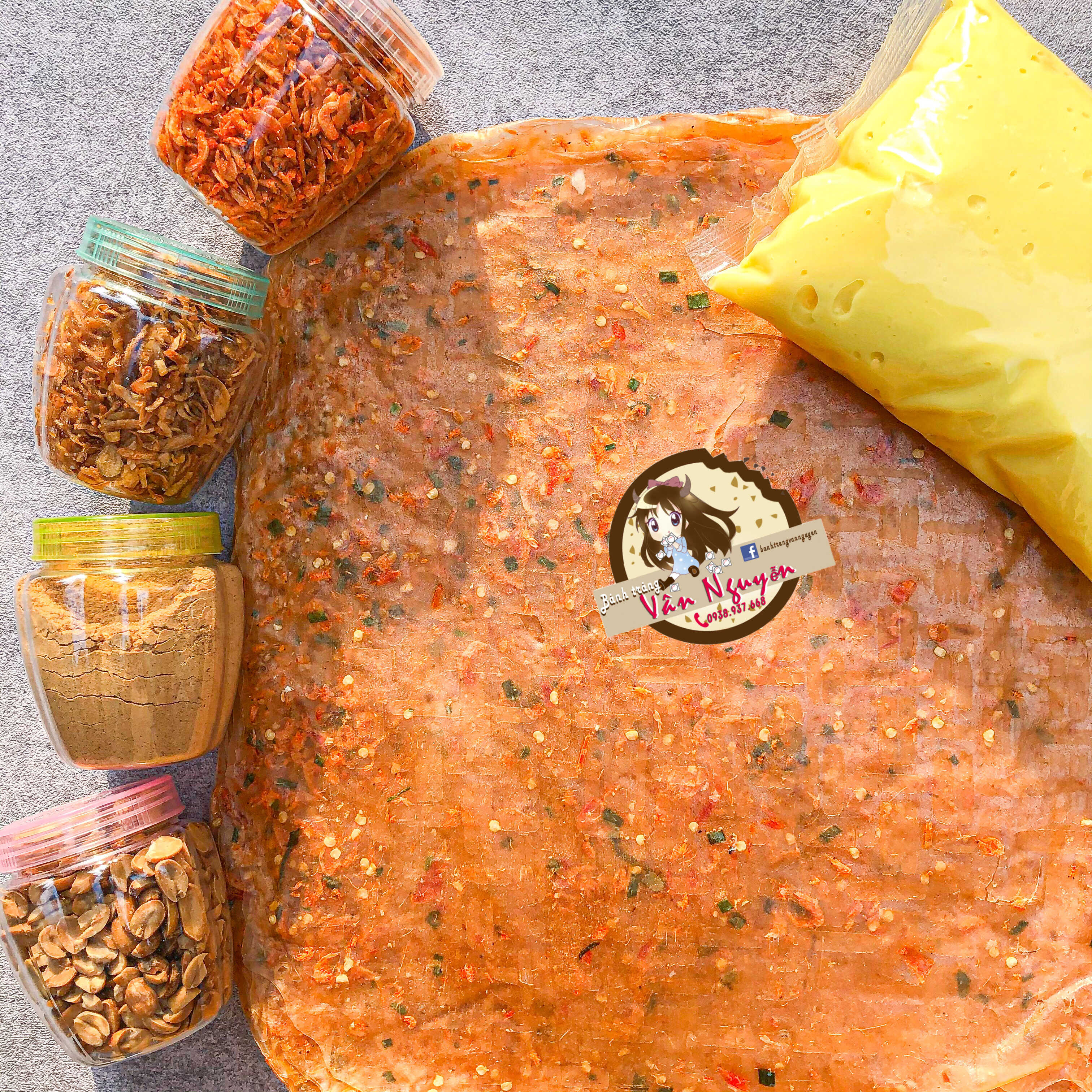 Combo 500gr bánh dẻo tôm phơi sương cuốn bơ trứng gà hành phi ruốc đậu phộng muối nhuyễn. Bánh tráng vân nguyễn