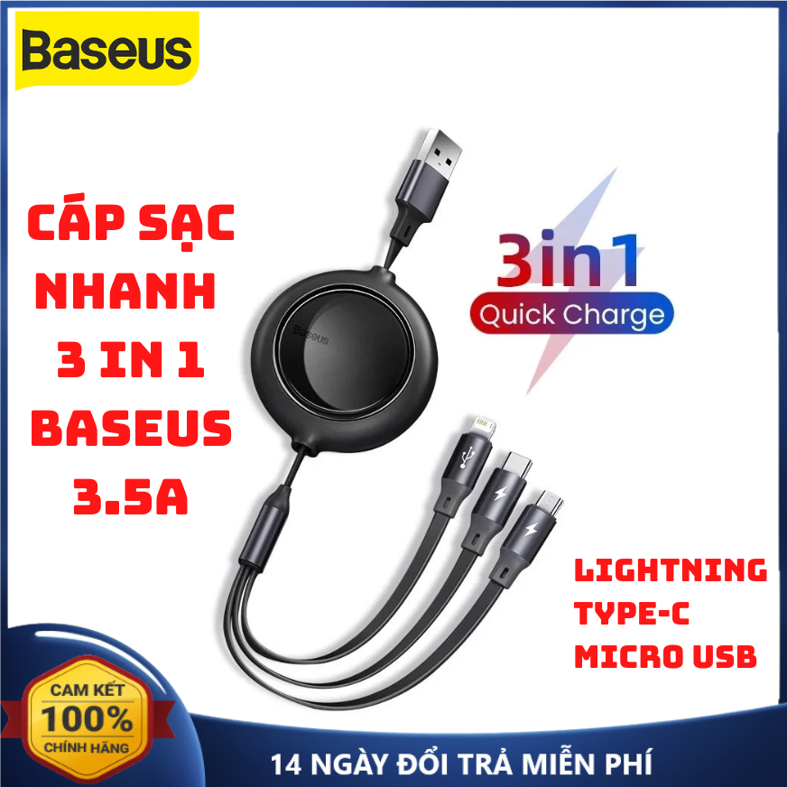 Cáp sạc nhanh rút dây 3 đầu baseus lightning type c micro usb cáp sạc nhanh 3 đầu 3.5a cáp sạc 3 đầu sạc nhanh baseus