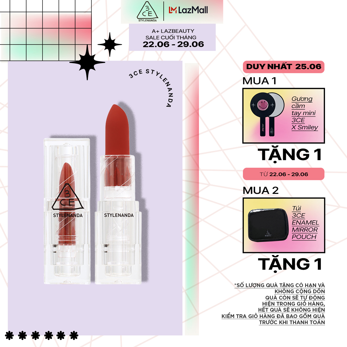 Son Thỏi 3CE SOFT MATTE LIPSTICK Thiết Kế Vỏ Trong Suốt Cho Làn Môi Mịn Màng Ẩm Mượt 3.5g