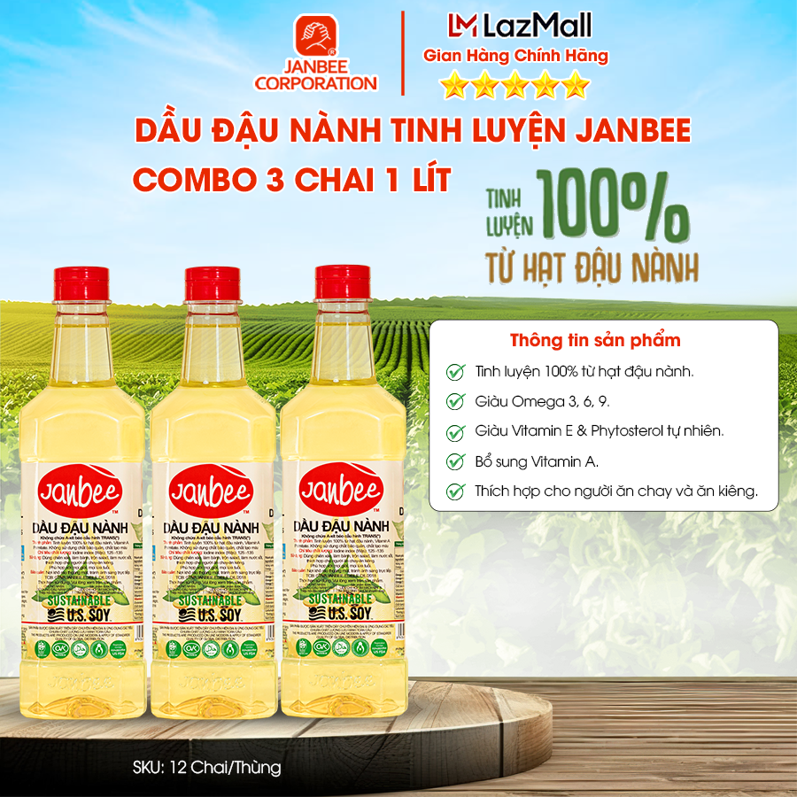 Dầu Đậu Nành Janbee Combo 3 Chai 1L - Nguyên Chất 100%, Không Trans Fat, Tốt Cho Tim Mạch